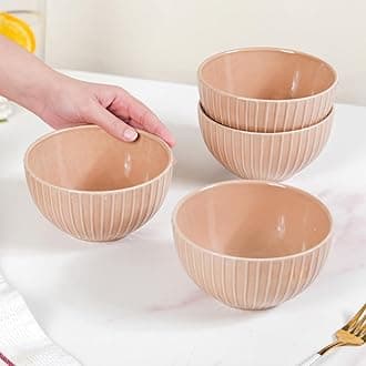 Nestasia Ceramic Bowls for Snacks - Dishwasher & Microwave Safe Bowl Set of 4, Ribbed Texture Serving Bowl Set for Rice, Dal, Vegetables, Fruits, Salad, Maggi & Noodles (Beige - 650ml)