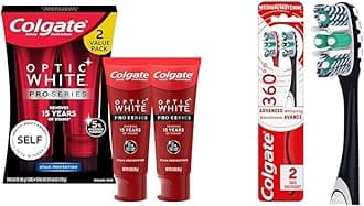 Colgate Optic White Pro Series Whitening Toothpaste with 5% Hydrogen Peroxide & 360 Optic White Advanced Toothbrush, Medium Toothbrush for Adults,2 Count (Pack of 1)