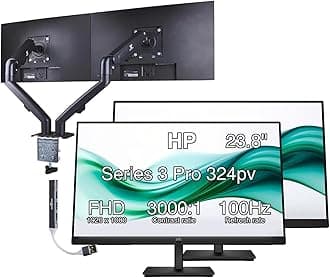24" Series 3 Pro 324pv FHD VA Monitor with 5 ms Response Time, Anti-Glare, Flicker Free, VESA Mount (100x100mm), HDMI, VGA with DKZ Hub, Black (9U5C1AA#ABA) & ErgoFlexy Dual Monitor Mount (2 Pack)