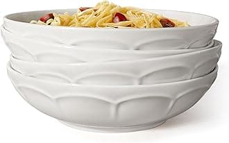 Artena Pasta Bowls 32oz, Ceramic Large Salad Bowls 8 inch, White Soup Bowl Set of 4 for Serving, Entertaining, Dinner, Wide Shallow Microwave Dishwasher Oven Safe, Embossed Crown