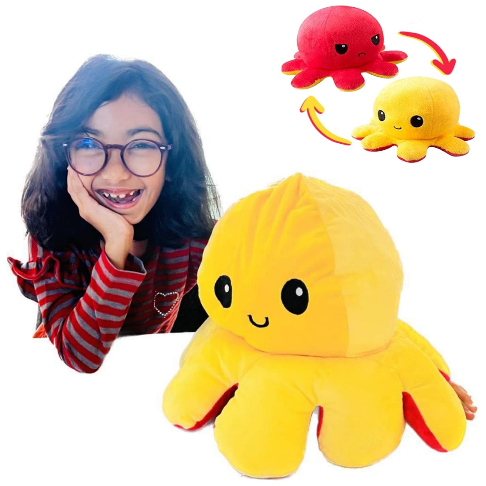 Jumbo, Big Size Reversible Octopus Plush, Double-Sided Flip Stuffed Animal Mood Plush, soft Plushie Without Saying a Word, as A Gift for Kids & Adult or for Decoration (Pink/Yellow)