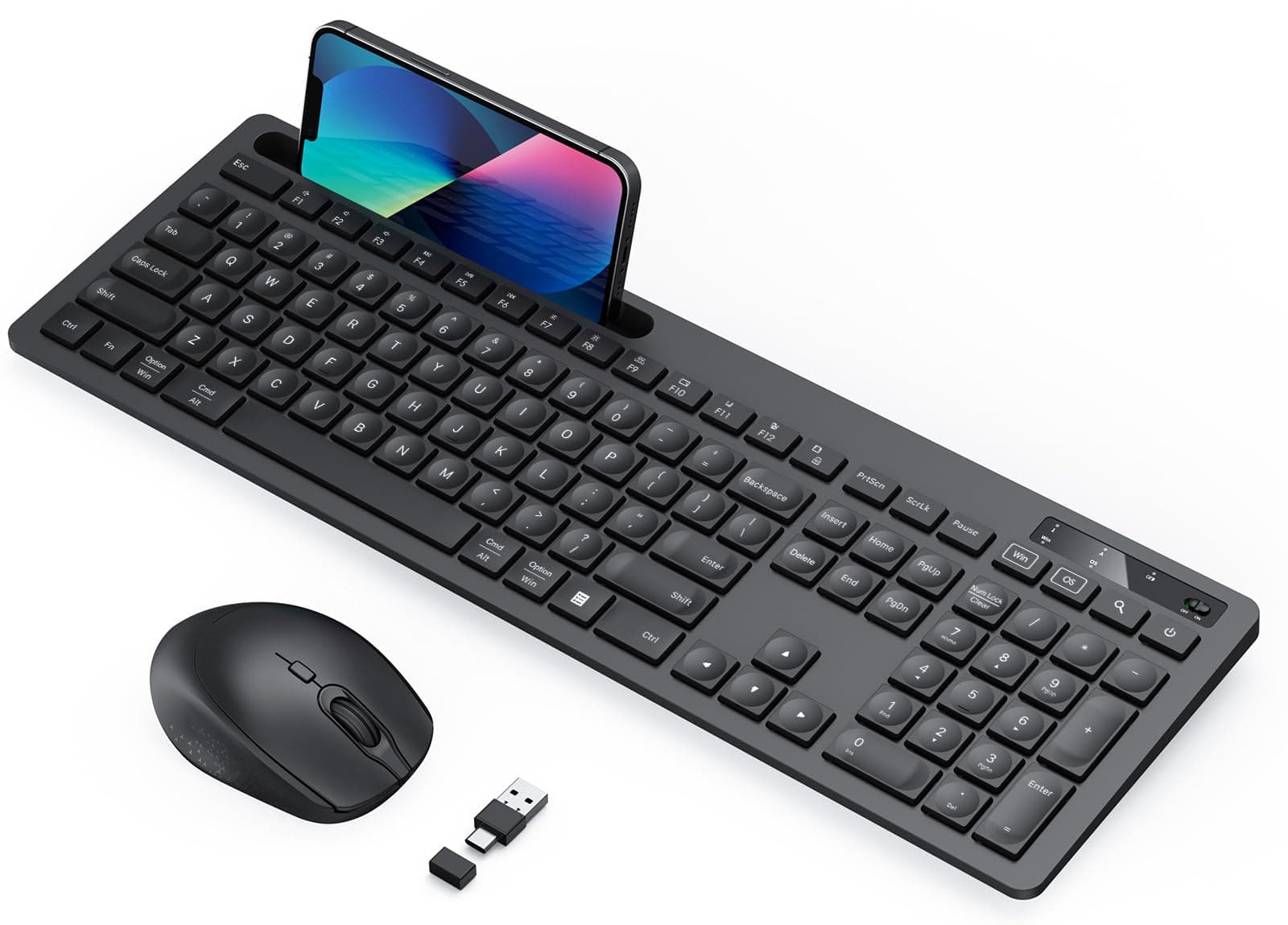 Wireless Keyboard and Mouse for MacBook, Vivefox Black Wireless Keyboard with Phone Holder, USB A & Type C Receivr, Full-Size Combo for Mac, MacBook/Air/Pro Windows PC Computer