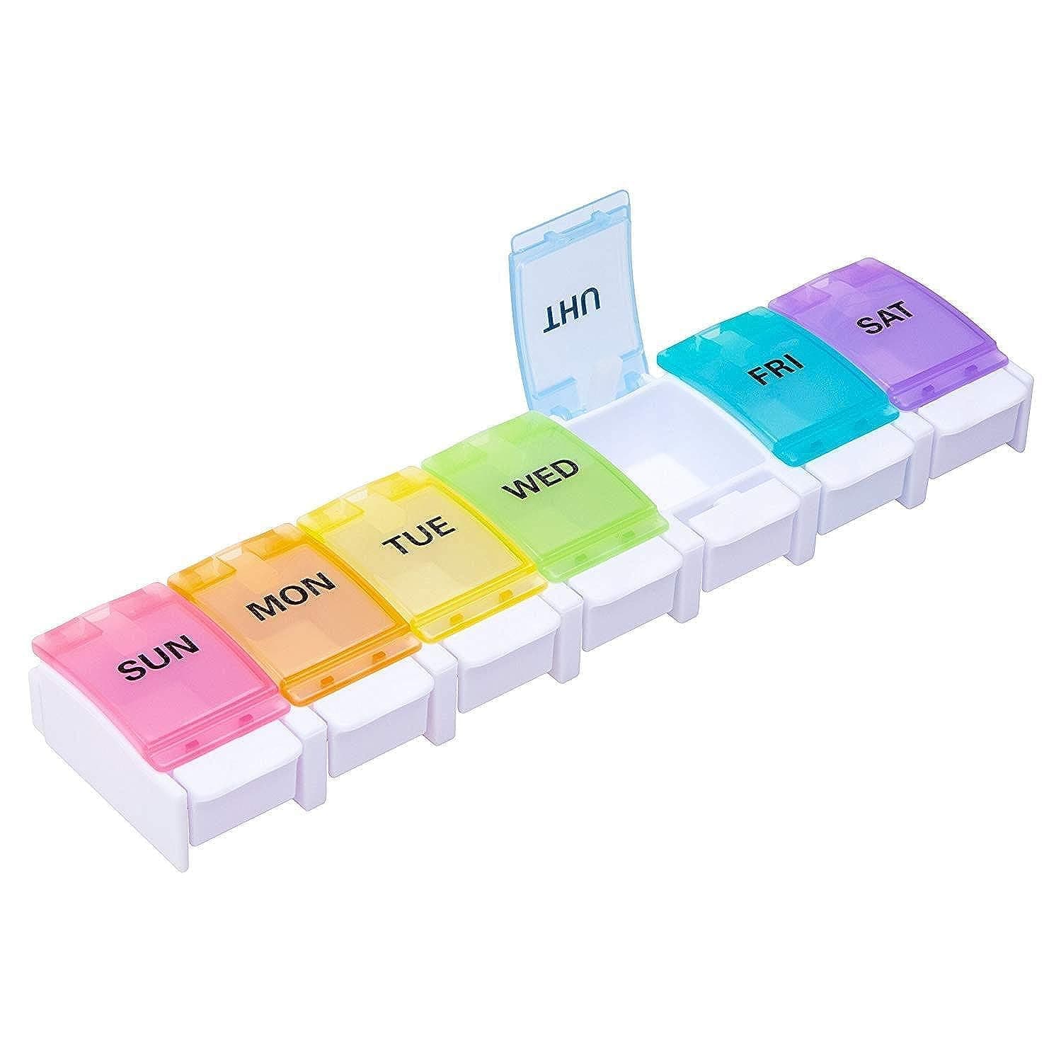 7 Day Pill Organizer, Large PUSh Button Weekly Pill Box For Pills/Vitamin/Fish Oil/Supplements - Rainbow