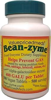 Bean-Zyme Gas Relief for Adults Extra Strength (500 ct) is 400 GAUL per Tablet Alpha Galactosidase, Vegan, Cost Less, Digestive Enzyme Dietary Supplement Natural Food Enzyme