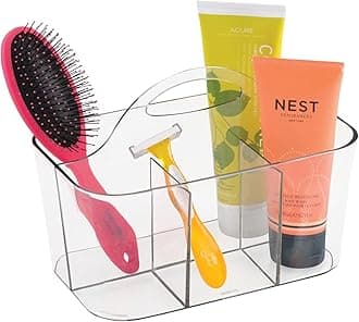 mDesign Small Plastic Shower/Bath Storage Organizer Caddy Tote with Handle for Dorm, Shelf, Cabinet - Hold Soap, Shampoo, Conditioner, Combs, Brushes, Lumiere Collection, Clear
