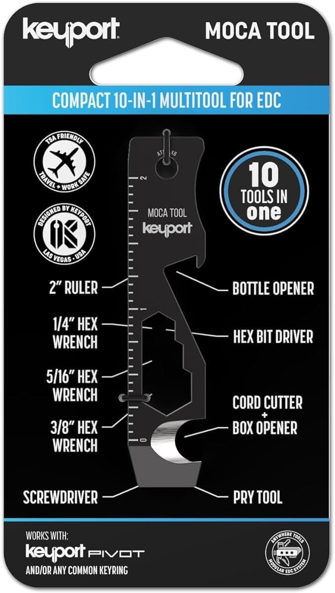 MOCA 10-in-1 Keychain Multitool (Black) | EDC Multi Tool: Pry Bar, Bottle Opener, Screwdriver, Box Opener, Cord Cutter & More | TSA Key Tool | EDC Gear | Key Organizer, Key Chain Compatible