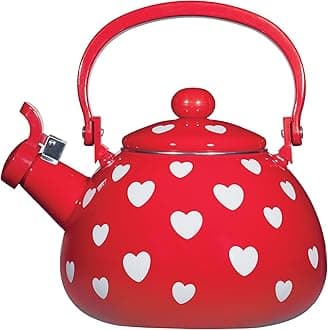 Hearts Pattern Whistling Tea Kettle for Stove Top Enamel on Steel Teakettle, Supreme Housewares Teapot Water Kettle Cute Kitchen Accessories Teteras (2 Quart, Red Hearts)