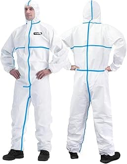 Hazmat Suit Disposable Coverall | Full Body Painters Suit in 7 Sizes with Multiple Specifications for Men & Women - Small, With Blue Seal Tape, 1