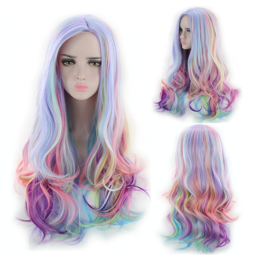 27.56'' Long Multicolor Big Wavy Gradient Spring Bouquet Cosplay Wig For Women Colorful Fiber Synthetic Halloween Wig (blue/pink/purple)