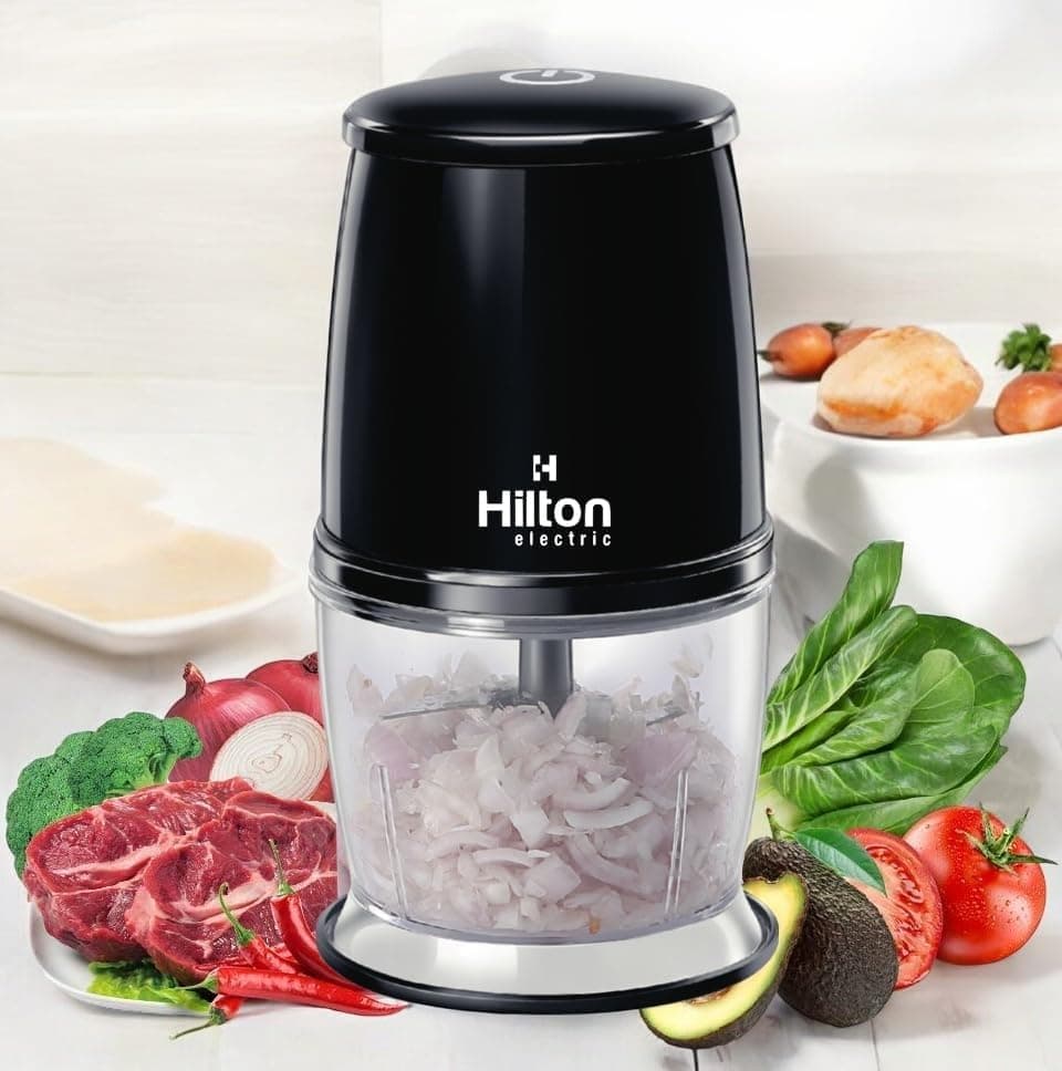 - Hilton Electrical One touch Chopper Versatile Electric Chopper for Garlic, Vegetables,Nuts,Fruits,Meats Chop,Mince, Puree, Whisk,700ml Capacity with 4 Stainless Steel Blades- 300 Watts