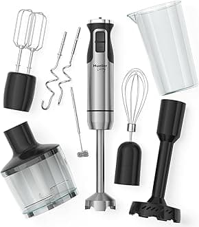 MuellerLiving Immersion Hand Blender Full Set - 8 Speed Immersion Blender, Hand Mixer with 7 Attachments: Stainless Steel Blade, Whisk, Milk Frother, Beater, Mixing Hooks, Potato Masher, Chopper Bowl