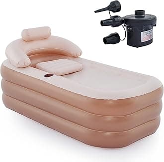 Inflatable Bathtub with Electric Air Pump and Bath Pillow Headrest, Portable Blow Up Bath Tub for Adults, Outdoor & Indoor Freestanding Foldable Spa Tub with Cover Drainage Cup Holder,Brown
