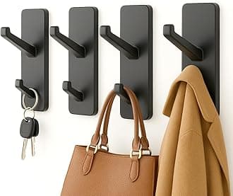 Wall Hooks Stick On for Hanging Coats - Strong Sticky Hooks, Heavy Duty (Hold 6KG), Self Adhesive Hook for Towel, Coats, Key, for Bathroom, Door, Kitchen, Dorm, Black, Metal, 4 Pack