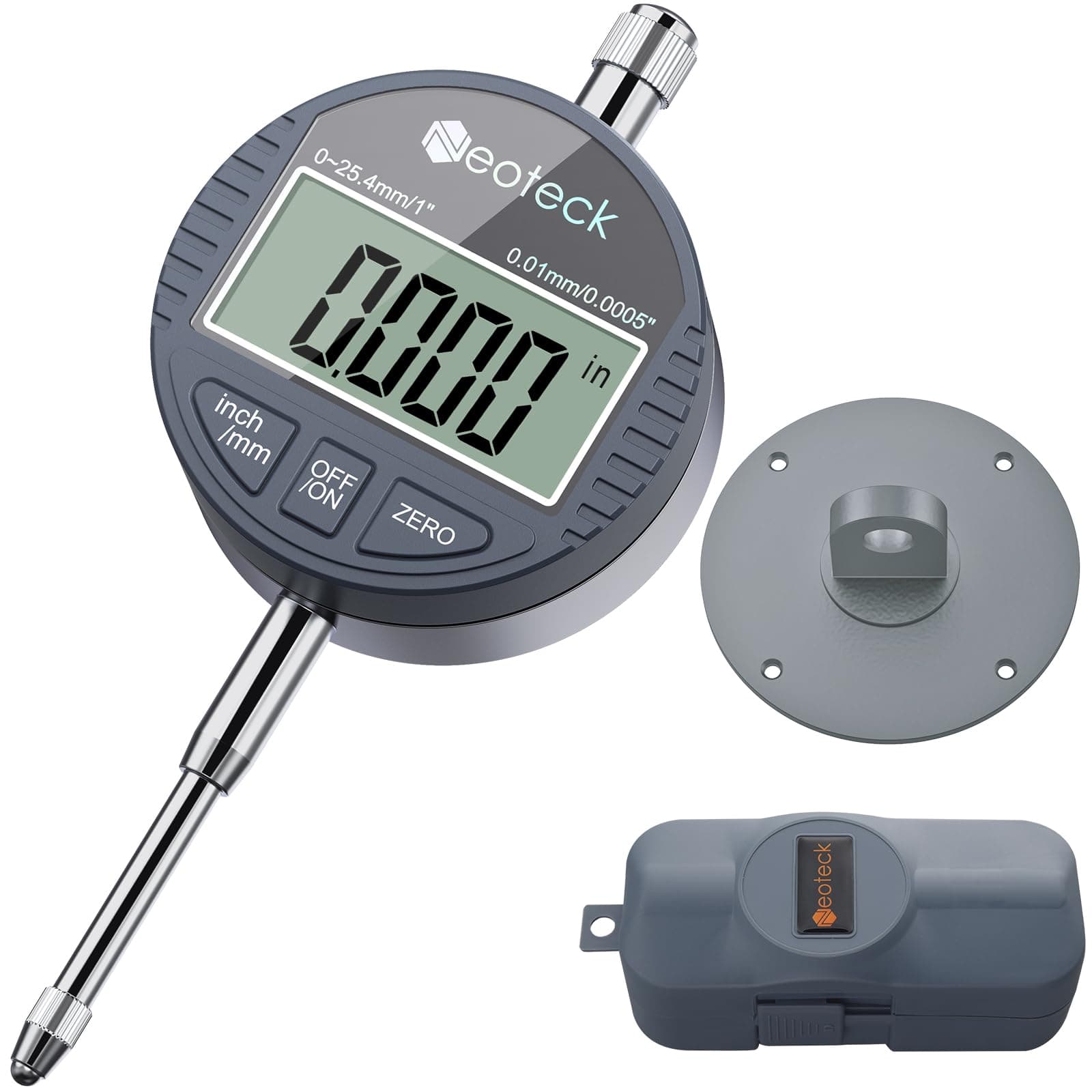 DTI Electronic Digital Dial Indicator 1''/25.4mm | Digital Probe Indicator Dial Test Gauge High Resolution: 0.0005''/0.01mm - Silver Gray