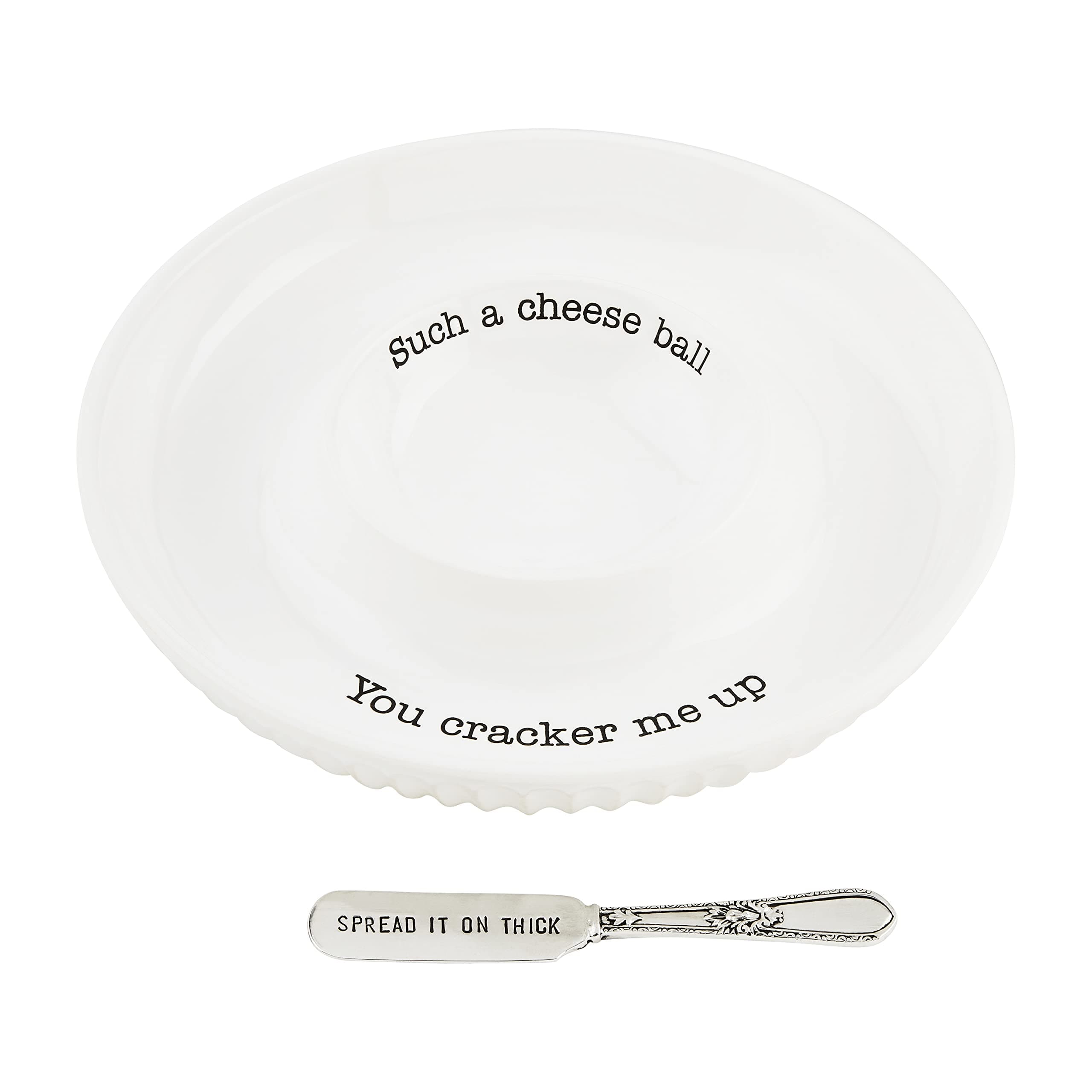 Mud Pie Circa Cheese Ball Dish Set,White, dish 1 1/2" x 9 1/2" dia | spreader 5 1/2"