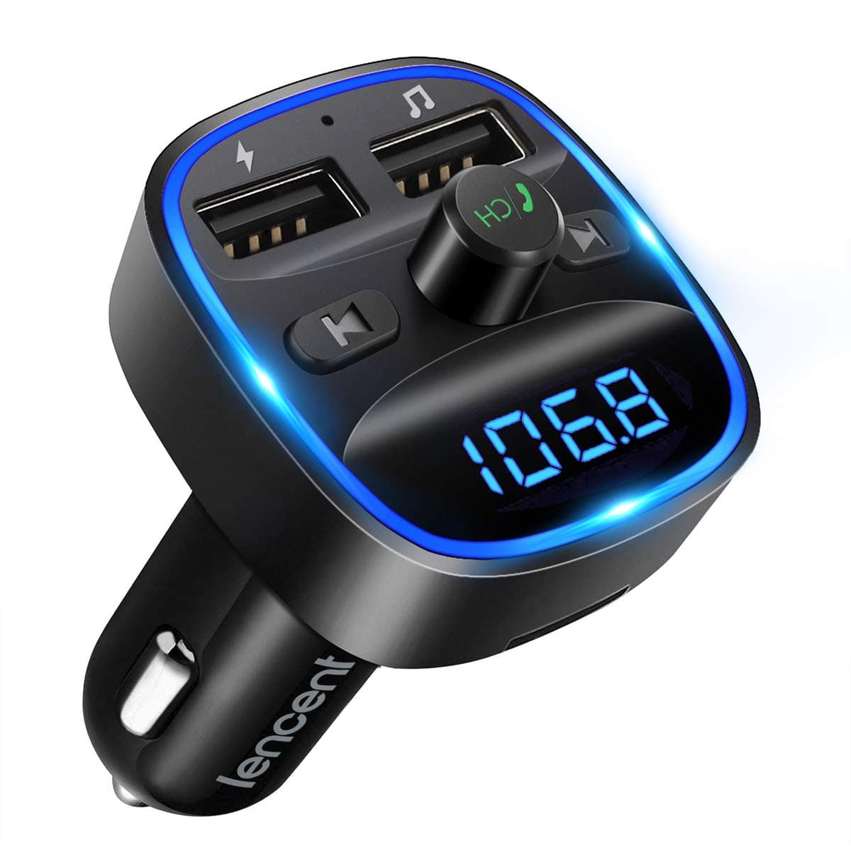 LENCENT Bluetooth 5.0 FM Transmitter, 2 USB Port Car Charger, LED Display, Hands-free Calling, Battery Voltage Measurement, 12V/24 Car Charger, TF Card and USB Memory Disk, Support Bluetooth 3 Music