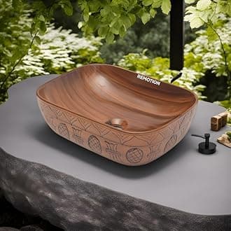 REMOTION Wooden Style Designer Wash Basin Countertop | Tabletop Ceramic Bathroom Sink | Wash Basin For Bathroom (18 x 13 x 5.5 Inch, Wooden Style Designer Basin 02)