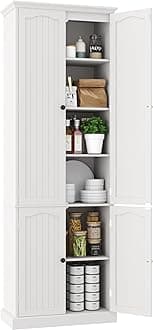 72" Kitchen Pantry Cabinet, Tall Wood Storage Cabinet with Doors and Adjustable Shelves, 6-Tier Freestanding Cupboard for Kitchen Dining Room Living Room Bathroom, White