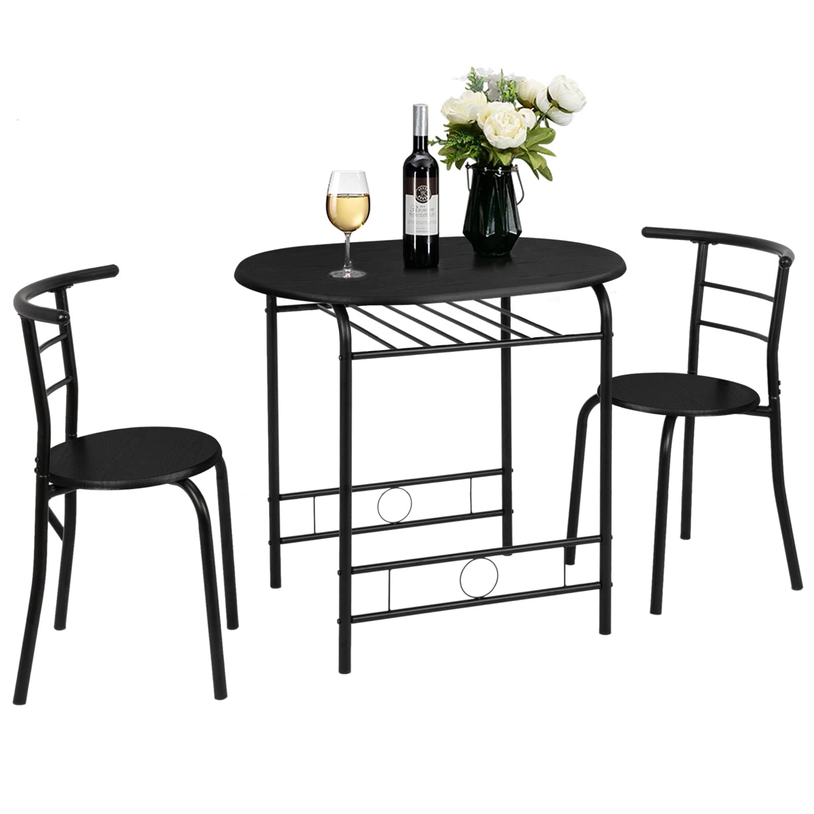 VINGLI 3 Piece Dining Set,Small Kitchen Table Set for 2,Breakfast Table Set,Kitchen Wooden Table and 2 Chairs for Small Space/Dining Room/Apartment,Metal Frame,Wine Rack,Black