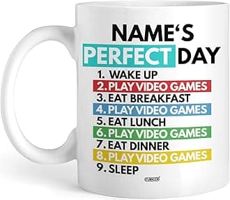 CUBICER Personalized White Ceramic Coffee Mug Mugs Video Game For Men Boys Kids Teens Friends Gamers Customized Name Funny Sayings Large Travel Cups Personal Text Novelty Wine Glasses 11 and 15 oz