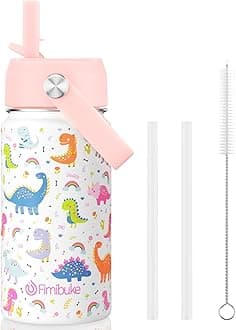 Fimibuke Kids Insulated Water Bottle - 14oz BPA-FREE 18/8 Stainless Steel Travel Tumbler Double Wall Vacuum Leak Proof Cup with Straw Metal Bottle for School Boys Girls(1 Pack, WHITE DINOSAUR)