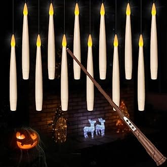 Floating Candles with Magic Wand Remote(6/18H Timer), 12pcs 6.1" Hanging Flameless Taper Candles, Battery Operated Flickering Warm Light, Halloween Christmas Gift, Wedding Party Decor (Ivory)