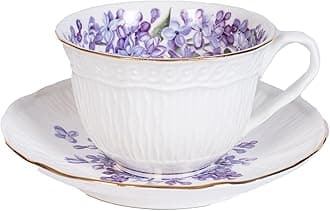 Vintage Floral Porcelain Tea Cup and Saucer Set with Gold Trim, Spoon, Espresso, Coffee, Gift Boxes (1, Lilac)