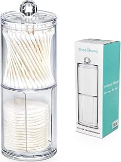 SheeChung 2-Pack Clear Acrylic Qtip Holder - Shatterproof Apothecary Jars for Bathroom Organization - Vanity Storage Canisters for Cotton Swabs, Balls, Pads, Floss Picks - Modern Decor