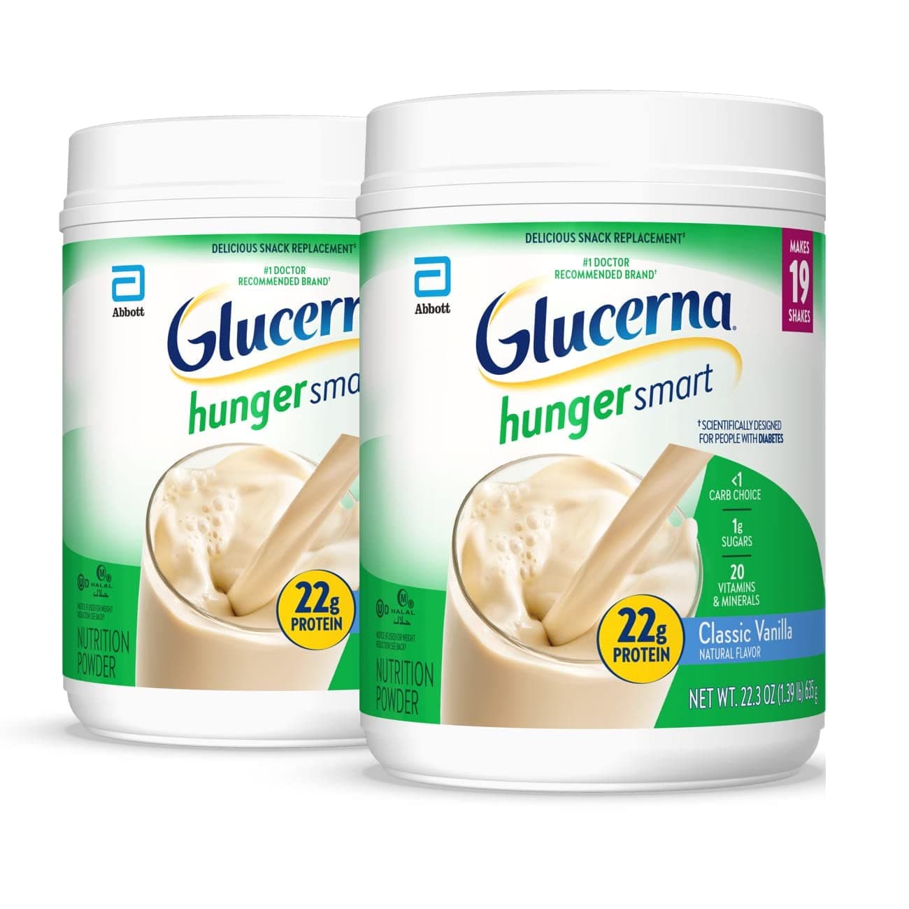 Glucerna Hunger Smart Diabetes Care Powder, Classic Vanilla, Diabetic Snack Replacement to Support Blood Sugar Management, 22g Protein, 130 Calories, 22.3 Oz, 2 Pack