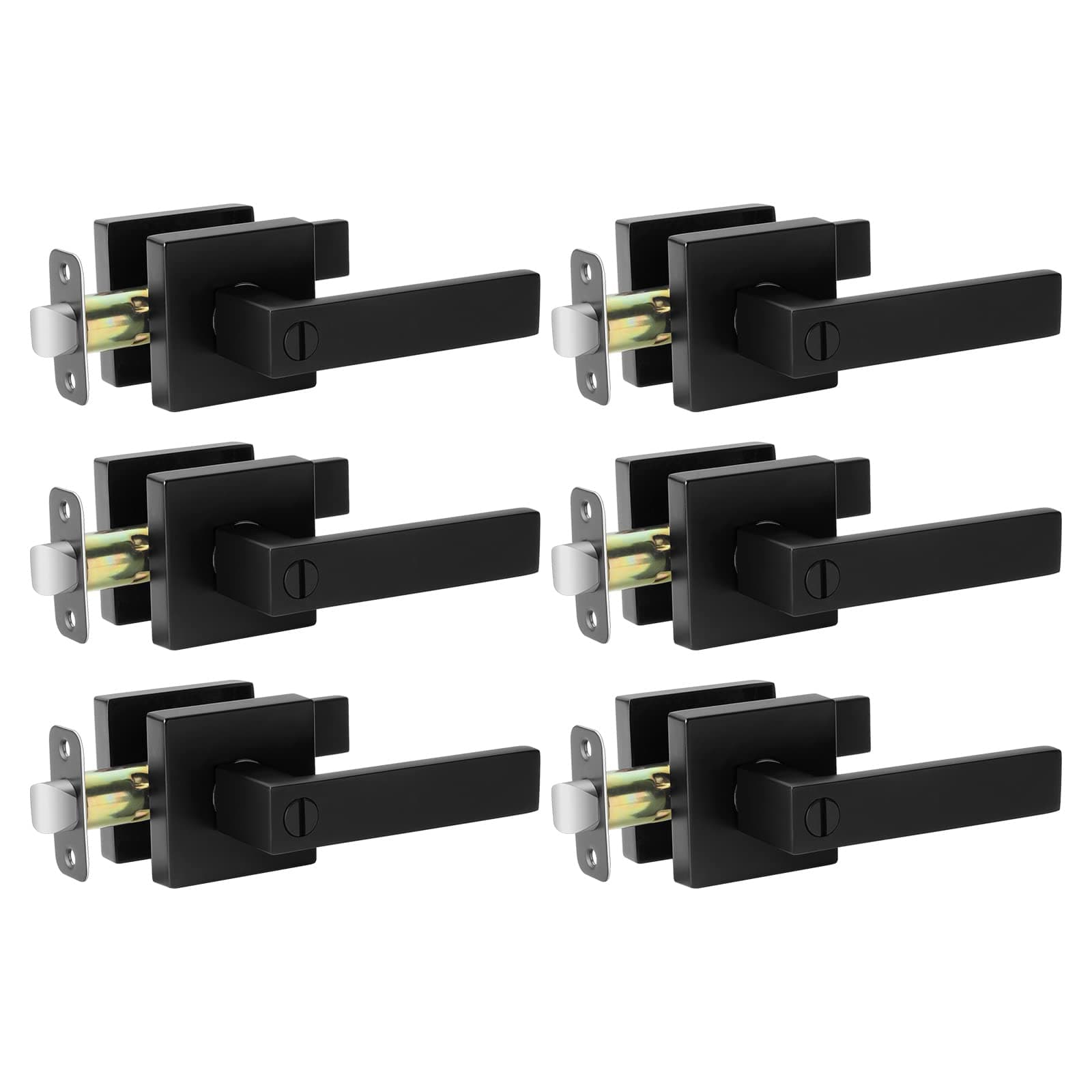 Matte Black Door Handle Interior Knob Keyless Levers Set (6 Pack), Heavy Duty Privacy Lock for Bedroom or Bathroom, Reversible for Left Right Sided Doors