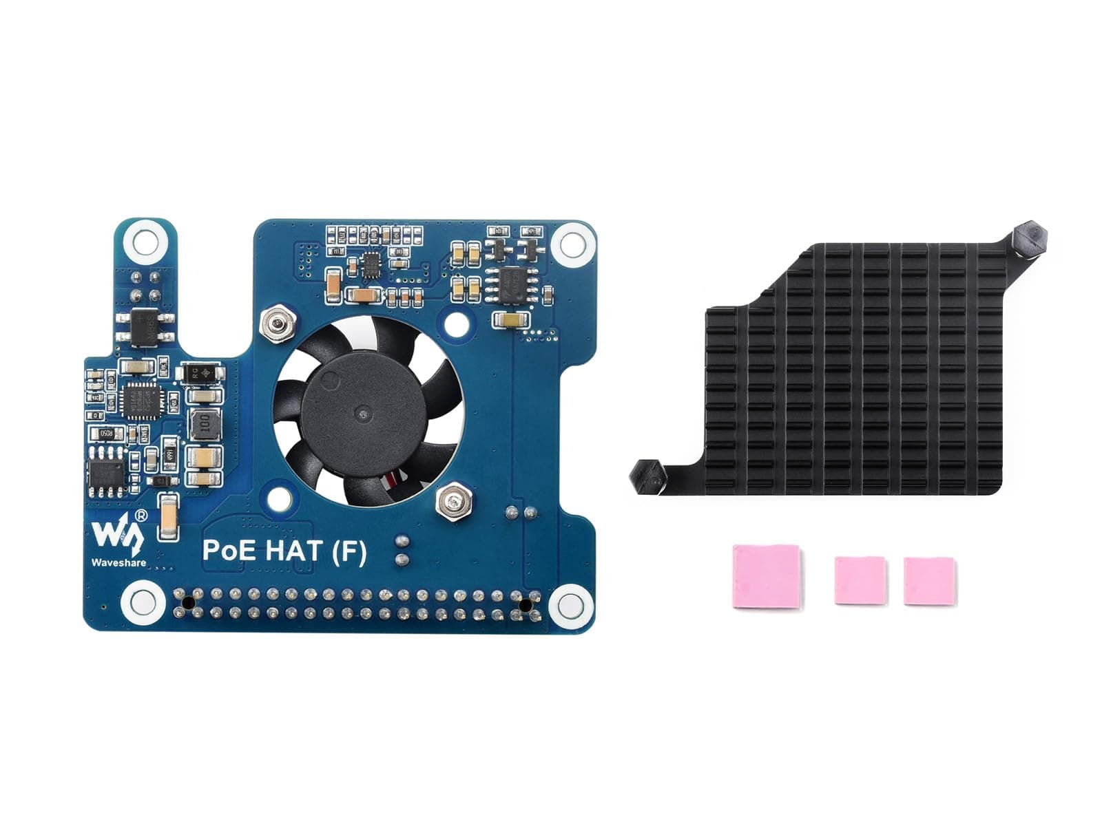 Waveshare PoE HAT (F) Compatibele with Raspberry Pi 5, High Power, Onboard Cooling Fan, with Metal Heatsink, Supports 802.3af/at Network Standard