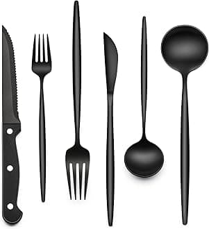24-Piece Black Silverware Set with Steak Knives, Black Flatware Set for 4, Food-Grade Stainless Steel Tableware Cutlery Set, Mirror Finished Utensil Sets for Home Restaurant, Long Edge