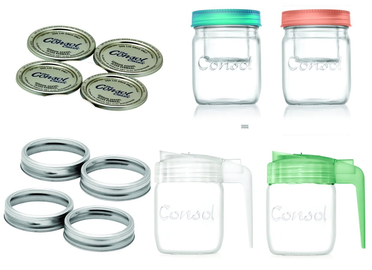 Multipurpose 17 oz Glass Mason Jar Set. 4pc Set Comes With Standard Wide Mouth Dome Ring Lids, 2 Non Drip Pouring Lids & 2 Jar in a Jar Lids that Includes Smaller Glass Salad Dressing Container (17oz)
