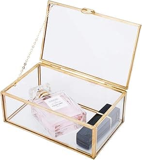 HighFree Copper Golden Vintage Glass Lidded Box Decorative Jewelry Keepsake Display Organizer Clear Rectangle Box Rings Bracelet Golden Organizer Birthday Party Decor (5.75x3.5x2 in)