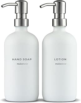 MaisoNovo Bathroom Soap and Lotion Dispenser Set of 2, 500ml White Glass Soap Dispenser Sliver Pumps With Labels