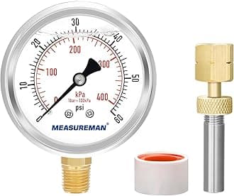 MEASUREMAN 0-60psi/kpa Liquid Filled Pressure Gauge with Brass Gauge Adaptor 1/4NPT Female，2-1/2 OAL x 1-2/5" x 1/8" Probe with Stainless Steel Sheath，Pressure Test Kit
