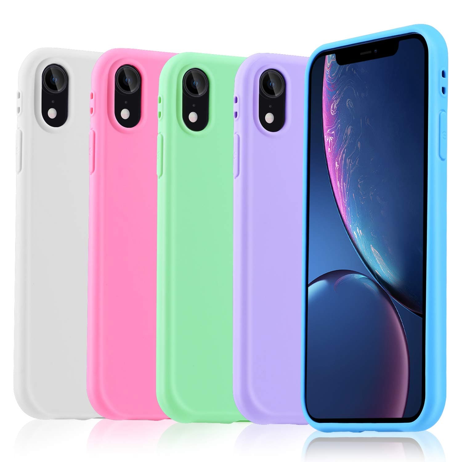 Pofesun Soft Silicone Case Designed for iPhone XR, 5 Pack Ultra Thin Slim Fit Soft Matte Finish Grip Anti-Scratch Protective Cover Compatible for iPhone XR 6.1 Inch-White, Pink, Blue, Mint, Purple