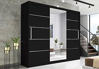 RAC3 Race to Road Modern Bedroom Sliding Wardrobe with LED Light - Ample Storage Space and Sleek Design comes in White/Grey/Black/Oak and Width 150cm/180cm/203cm/250cm (Black, 250cm)