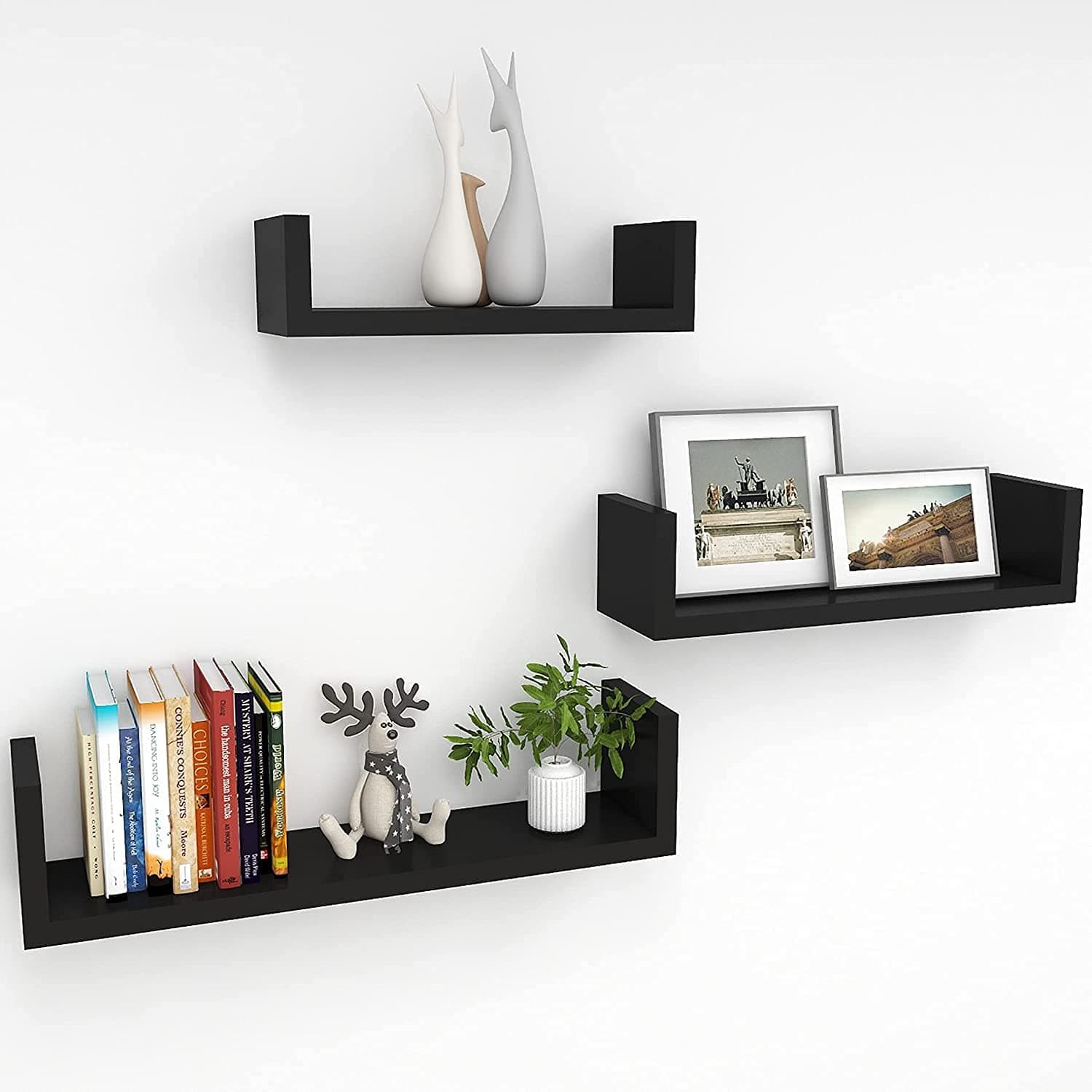 Hanging Floating Wall Mount Display U Shape Wall Shelf, Engineered Wood Wall Rack Shelf for Living Room Decoration, Showcase and for Storage (Matte Finish, Black) Set of 3