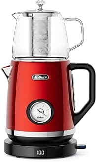 Feller Germany, Retro Style 1.7L 2-in-1 Stainless Steel Tea Maker+Kettle, 2200W, 40-100°C Adjustable Touch-Sensitive Temp Setting,LED Display, TS290,2Y Guarantee-UAE Version (Red)