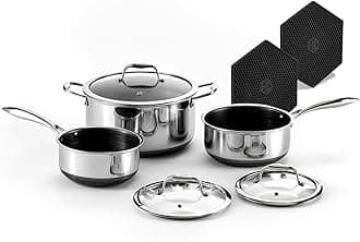 Hybrid Nonstick 6-Piece Pot Set with 2 Silicone Trivets, 2, 3, and 8-Quart Pots with Tempered Glass Lids, Stay-Cool Handles, Dishwasher-Friendly, Induction Ready, Compatible with All Cooktops