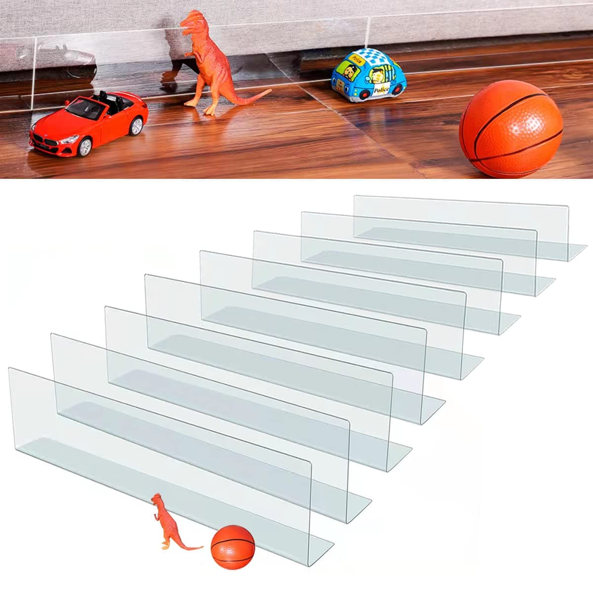 MOHOLD 126'' Total Length Under Sofa Blocker – 8 Pack, 4.7'' H x 15.8'' Each, Adjustable Clear Couch Gap Bumper, Strong Adhesive Toy Barrier to Stop Items from Going Under Sofa/Bed