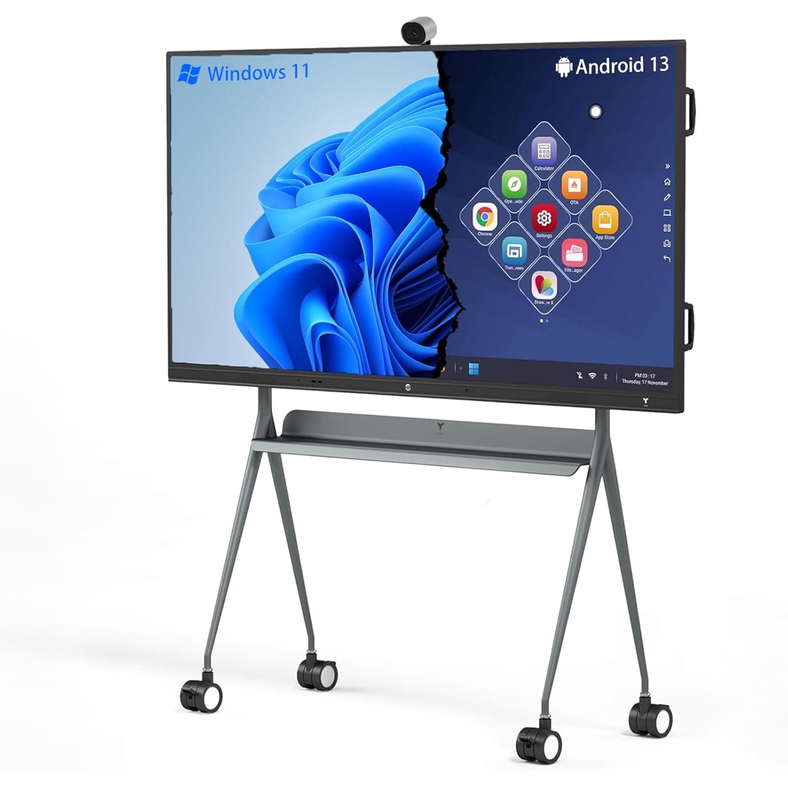 TIBURN HQ Board 75" R3 MAX,Android 13 & Windows 11 Pro Digital Whiteboard with 4K Auto Fram Webcam, Electronic Whiteboard Include Stand+Wall Mount Presentation Device for Hybrid Work and Classroom