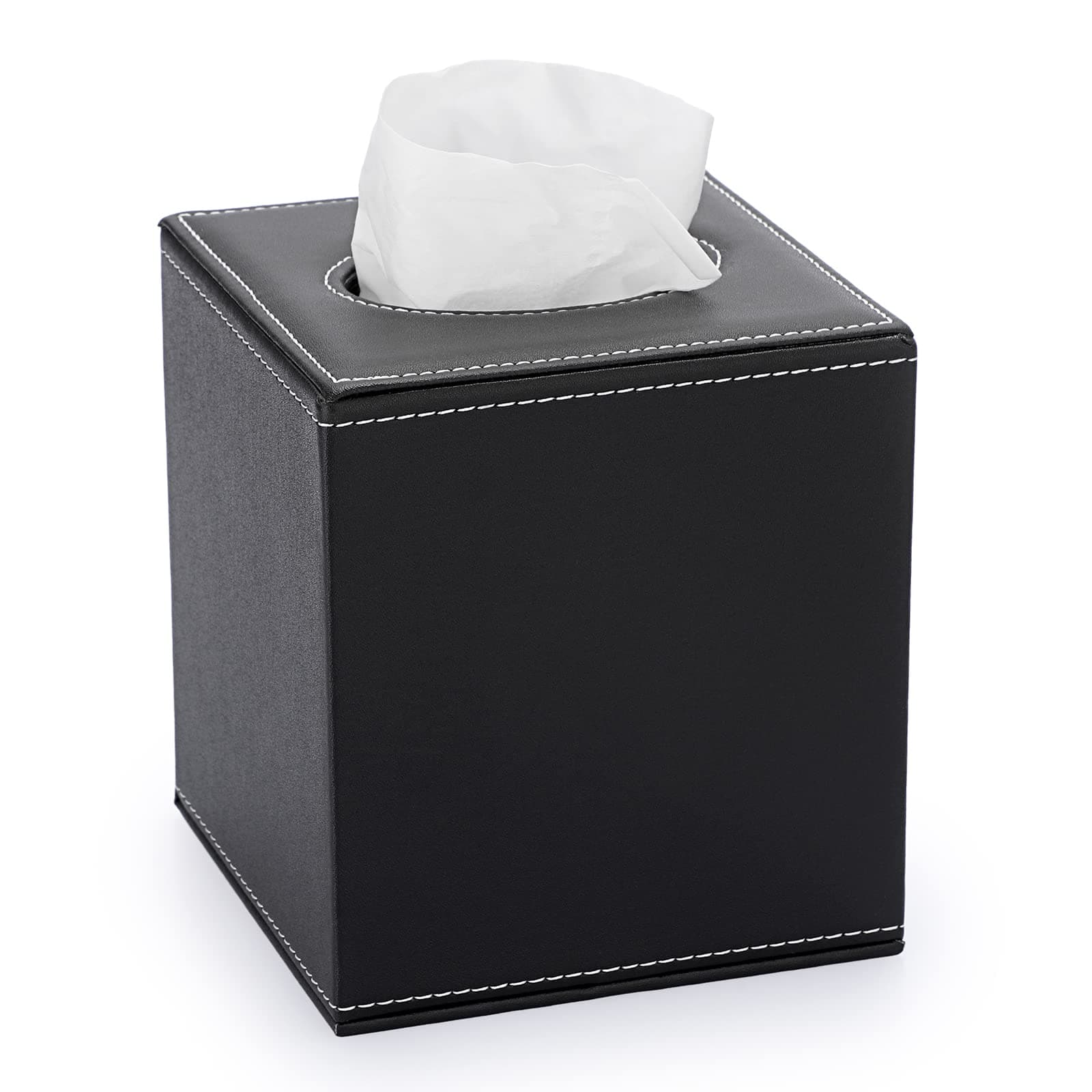 Square Leather Tissue Box Cover - Stylish Cube Tissue Box Holder with Magnetic Bottom, Decorative PU Tissue Box for Vanity Dresser Night Stand Table Countertop Home Office Car, Black