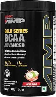 GNC AMP Gold Series BCAA Advanced | 400 gm | 30 Servings | Fastest Muscle Recovery | Maximized Workout Performance | Formulated In USA | 7g BCAA | 1g L-Glutamine | 1g L-Citrulline | Spicy Guava