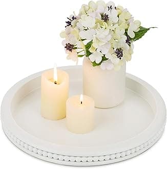 Hanobe Decorative Coffee Table Tray: White Beaded Round Serving Tray Modern Farmhouse Wooden Circle Centerpiece Tray Decor for Home Living Dining Room Kitchen Counter Bathroom