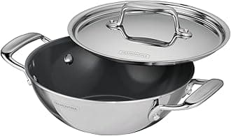 Tramontina Utsava Tri-Ply Clad Stainless Steel 1.8-Quart Kadai with Lid and Ceramic Non Stick Interior, Induction-Ready Small Kadhai Pot for Indian Cooking