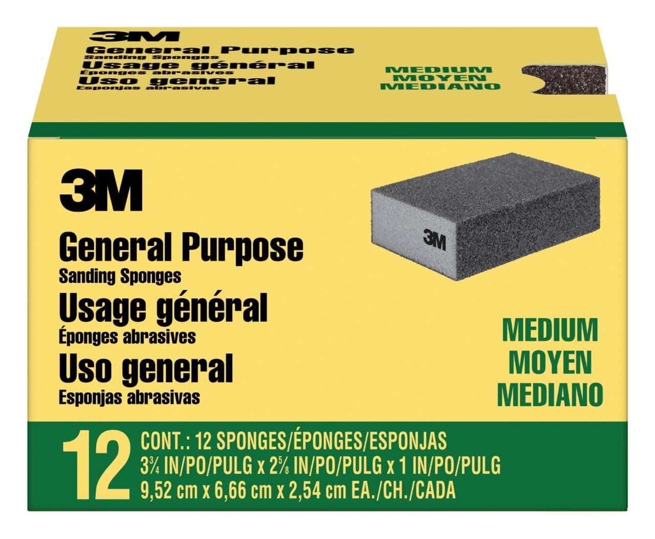 3M Sanding Sponge Block, 12-Pack, Medium Grits, 3-3/4 in x 2-5/8 in, Designed For Sanding Wood, Paint, Metal, Plastic or Drywall, Features 3M Abrasive, Made with Durable Flexible Foam (CP002-12P)