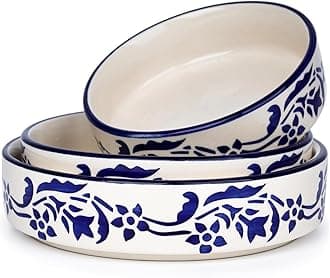 SEPARATE WAY Ceramic Bowls | Flat Deep Serving Bowl Set of 3 – 800ml, 600ml, 500ml | Glossy Floral Blue Finish | Ideal for Pasta, Salad, Snacks & More | Multipurpose Ceramic Bowl Set