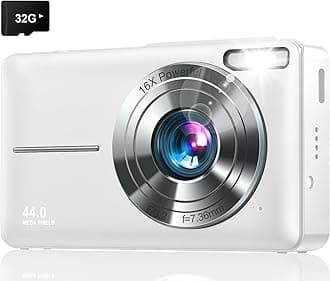 Digital Camera, Upgraded FHD 1080P Point and Shoot Kids Camera, with 32GB Card, 16X Zoom Time Stamp Anti Shake, Lanyard, Compact Portable Small, for Kid Starter Student Children Teen Girl Boy(White)